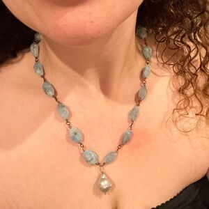 Genuine raw Aquamarine with baroque Pearl Drop necklace